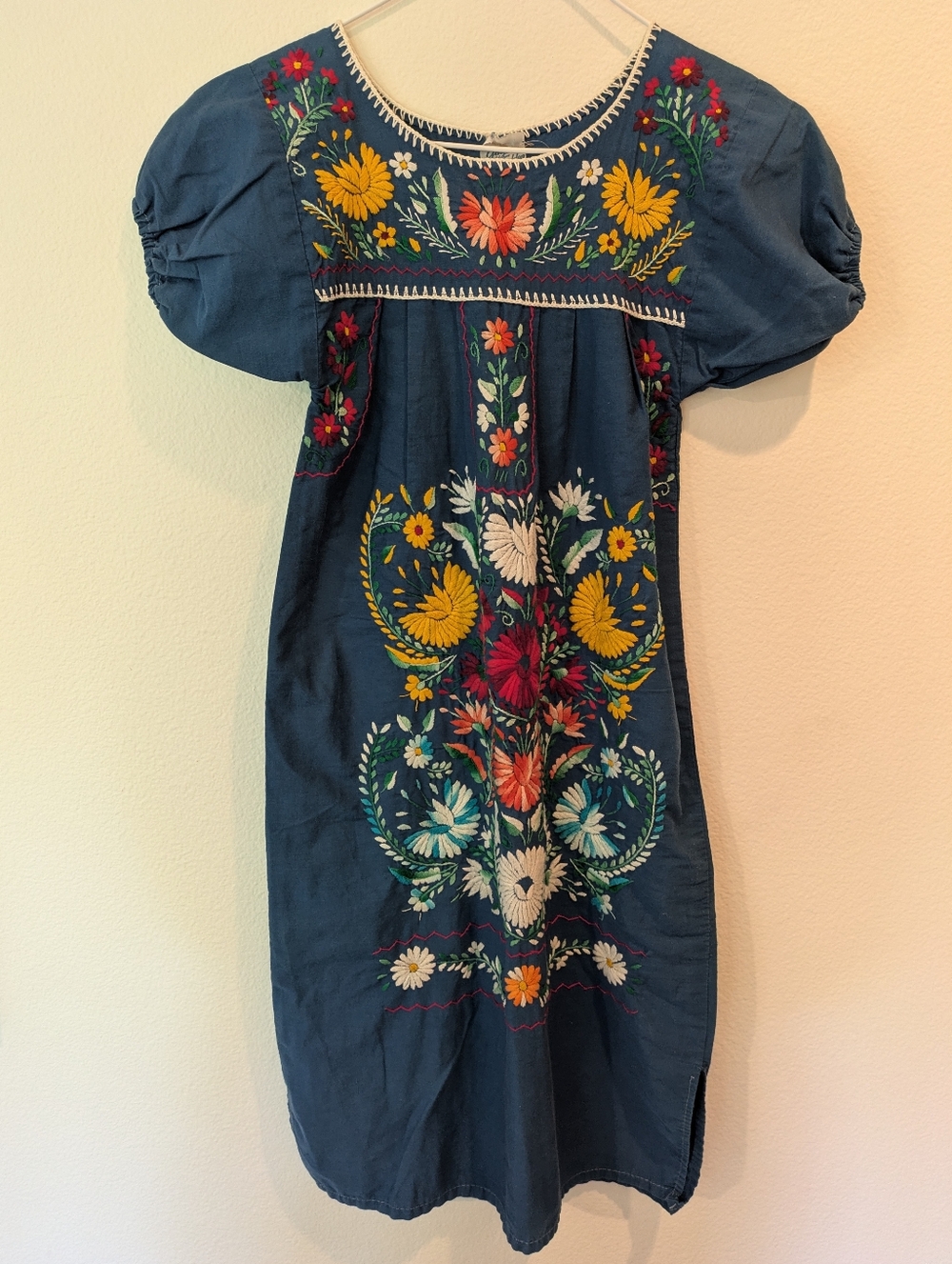 Vintage Gary McFadden Blue Embroidered Floral Mexican Dress - Size 7-14
